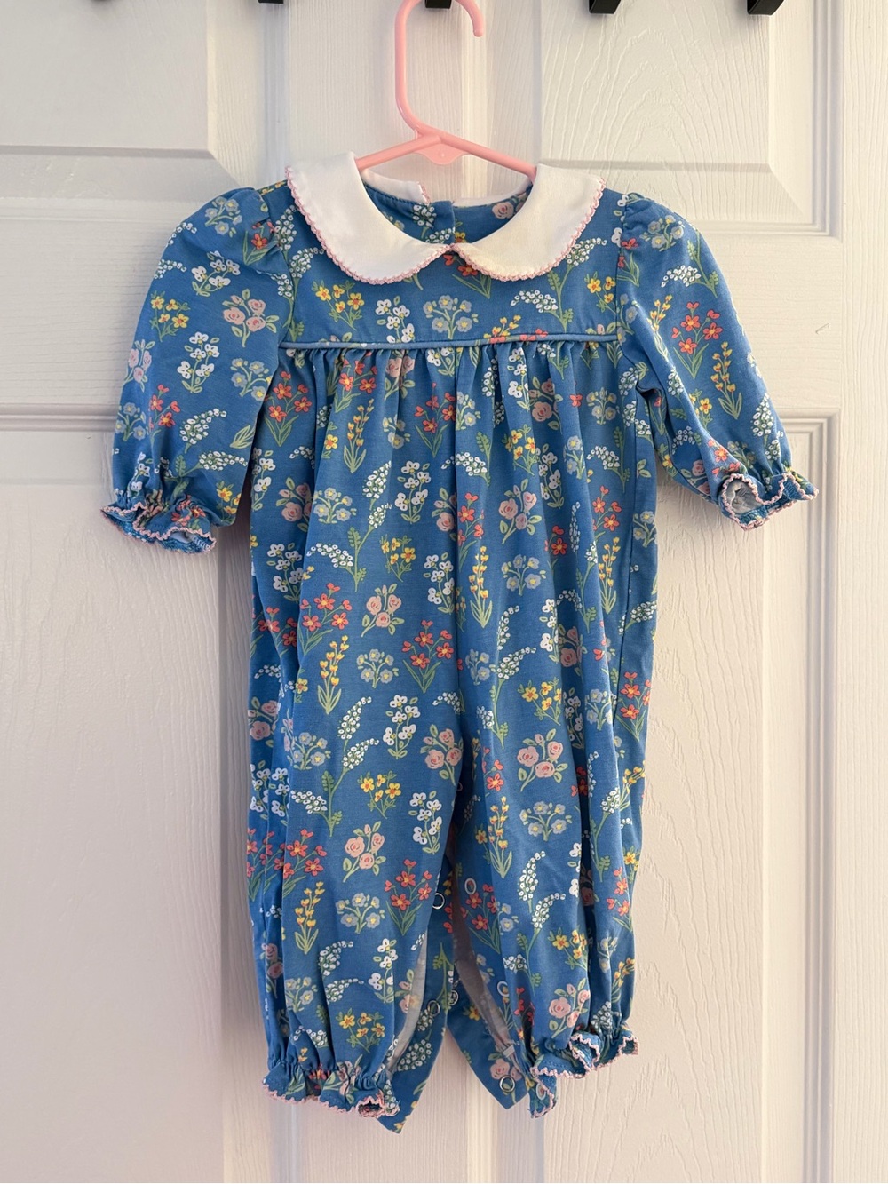 Mini Boden Blue Floral One-Piece with White Peter Pan Collar and Pink Trim